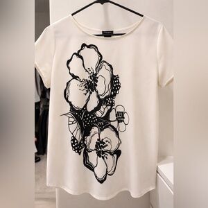 Ann Taylor Factory Cream Top with Black Floral Design